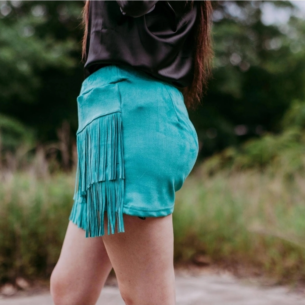 Turquoise Faux Suede Fringe Mini Skort - Picture 4 of 5